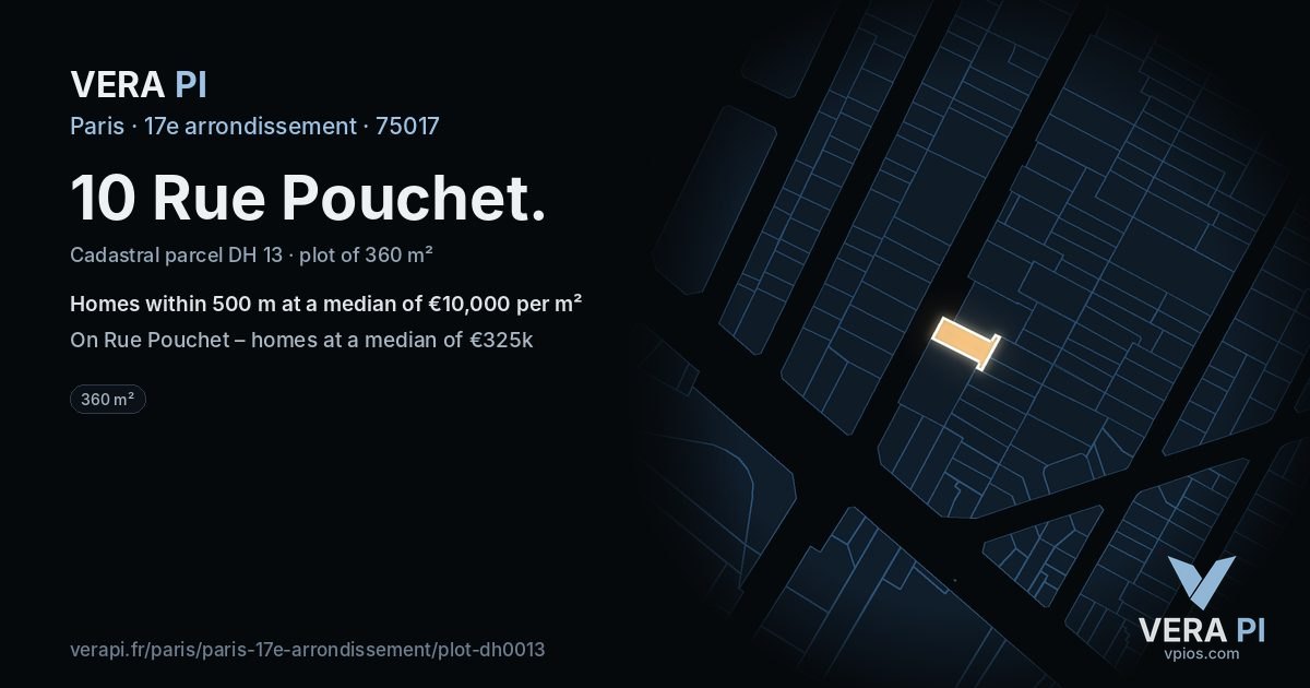 10 Rue Pouchet, 17e arrondissement at night – the plot lit, the parcels around coloured by the prices near them