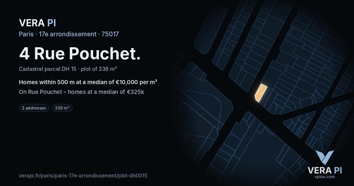 4 Rue Pouchet, 17e arrondissement at night – the plot lit, the parcels around coloured by the prices near them
