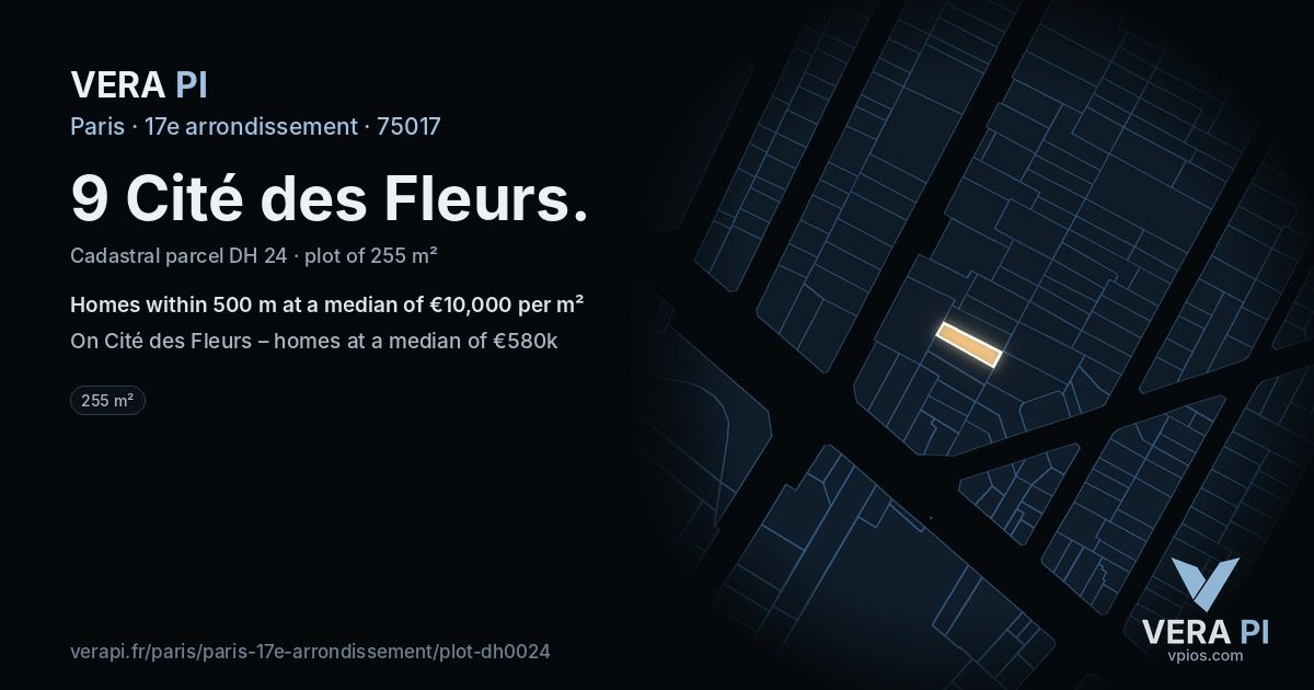 9 Cité des Fleurs, 17e arrondissement at night – the plot lit, the parcels around coloured by the prices near them