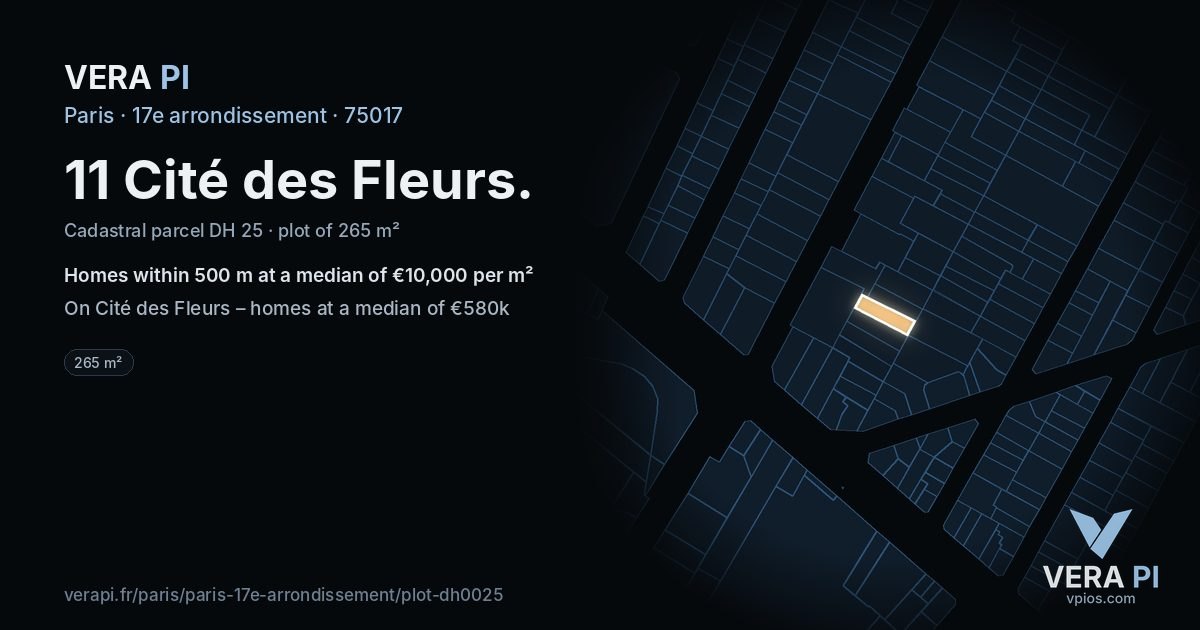 11 Cité des Fleurs, 17e arrondissement at night – the plot lit, the parcels around coloured by the prices near them