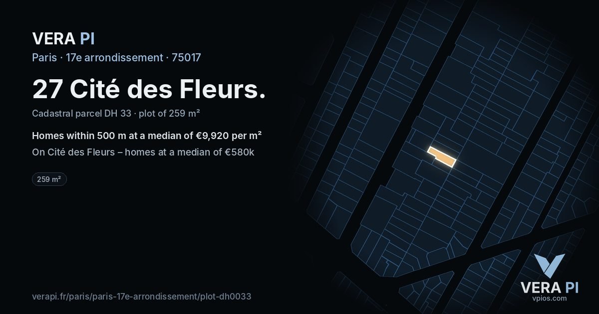 27 Cité des Fleurs, 17e arrondissement at night – the plot lit, the parcels around coloured by the prices near them