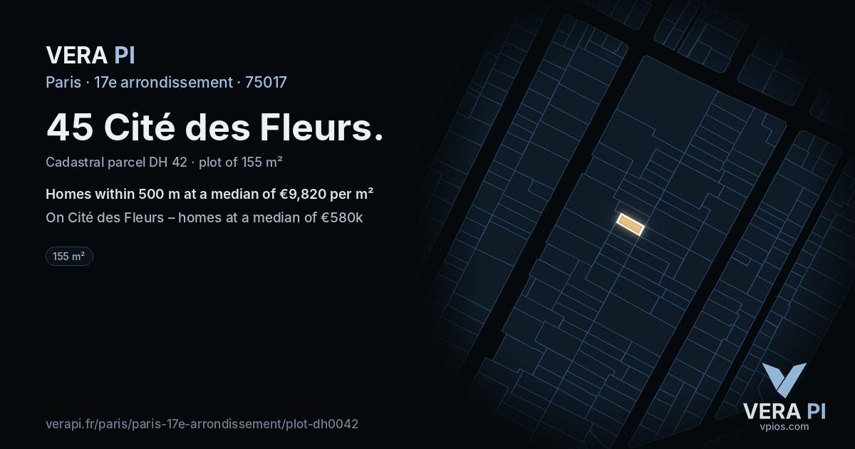 45 Cité des Fleurs, 17e arrondissement at night – the plot lit, the parcels around coloured by the prices near them