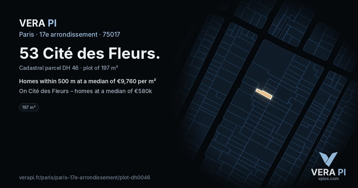 53 Cité des Fleurs, 17e arrondissement at night – the plot lit, the parcels around coloured by the prices near them