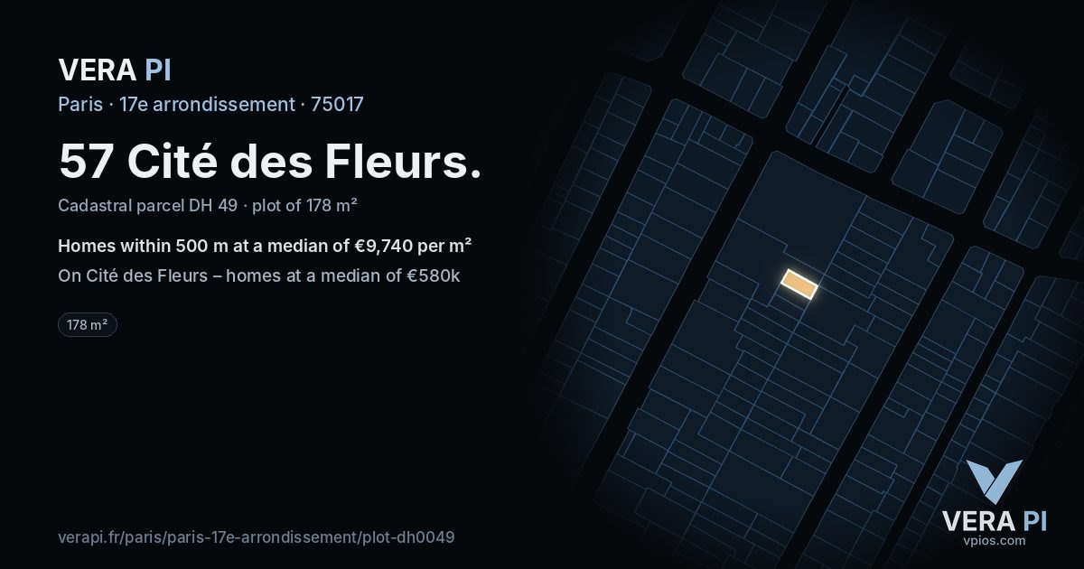 57 Cité des Fleurs, 17e arrondissement at night – the plot lit, the parcels around coloured by the prices near them