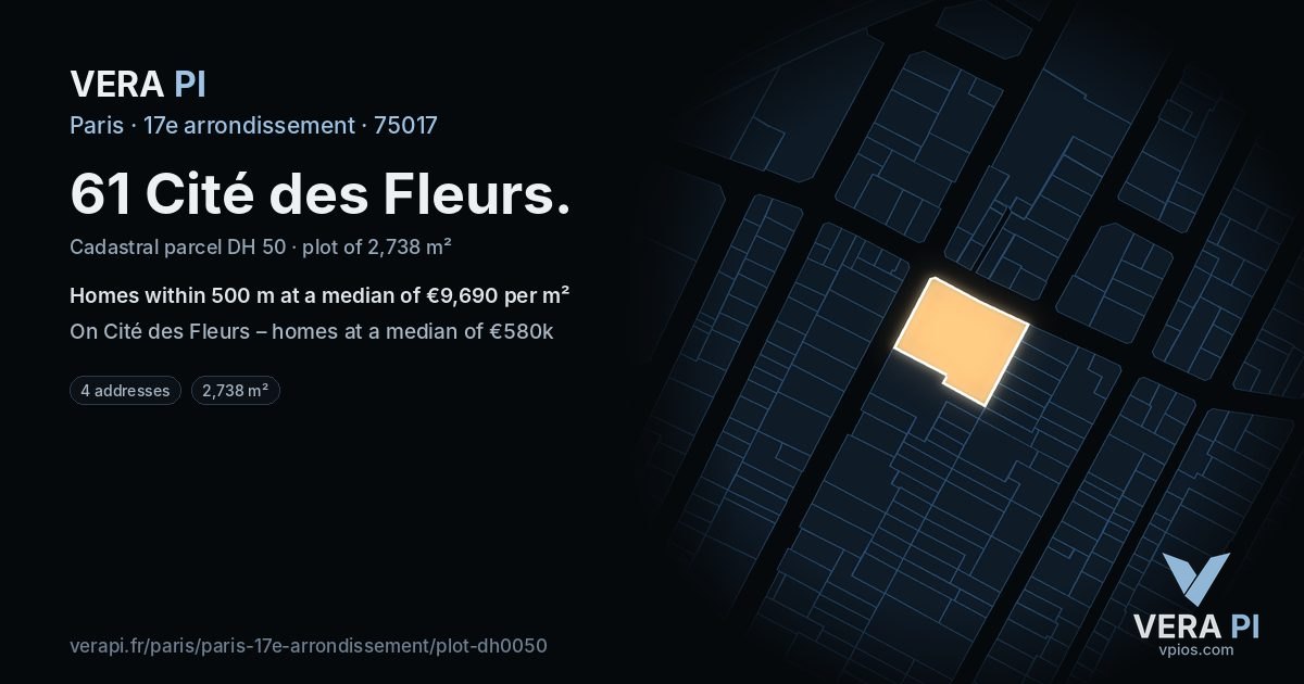 61 Cité des Fleurs, 17e arrondissement at night – the plot lit, the parcels around coloured by the prices near them
