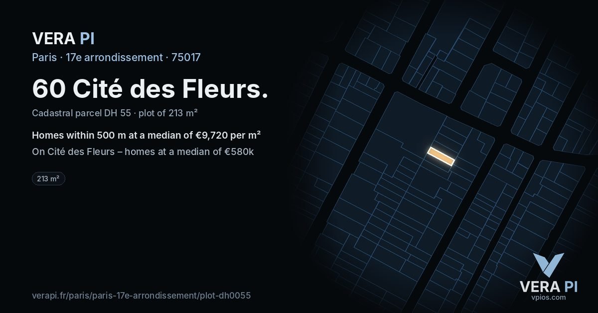 60 Cité des Fleurs, 17e arrondissement at night – the plot lit, the parcels around coloured by the prices near them