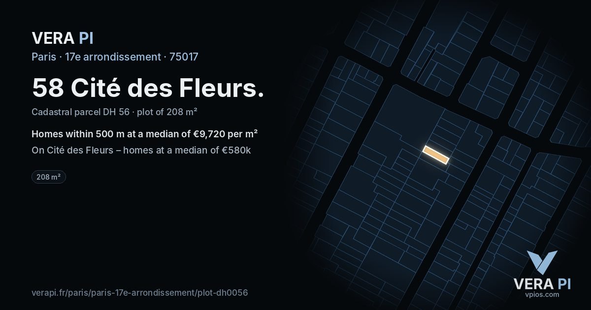 58 Cité des Fleurs, 17e arrondissement at night – the plot lit, the parcels around coloured by the prices near them