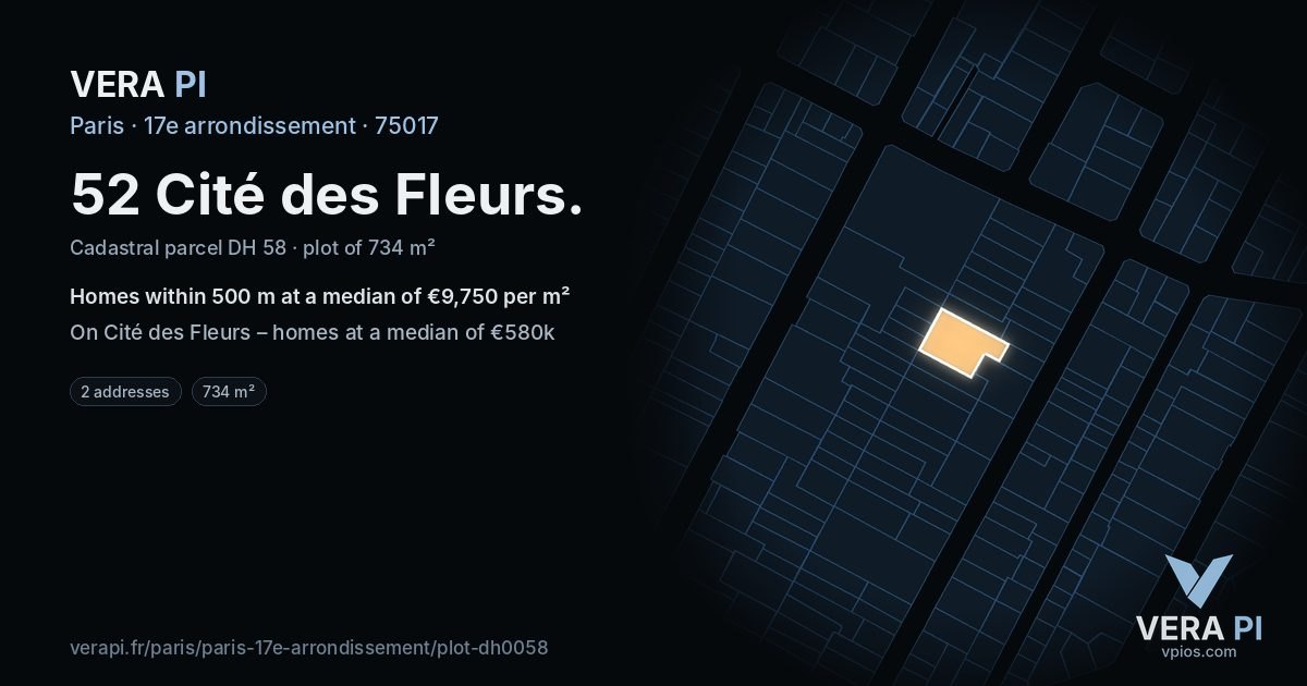 52 Cité des Fleurs, 17e arrondissement at night – the plot lit, the parcels around coloured by the prices near them