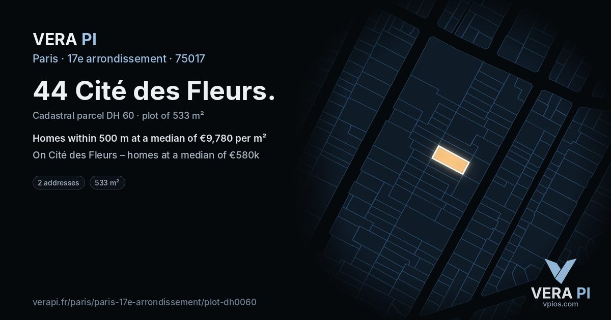 44 Cité des Fleurs, 17e arrondissement at night – the plot lit, the parcels around coloured by the prices near them