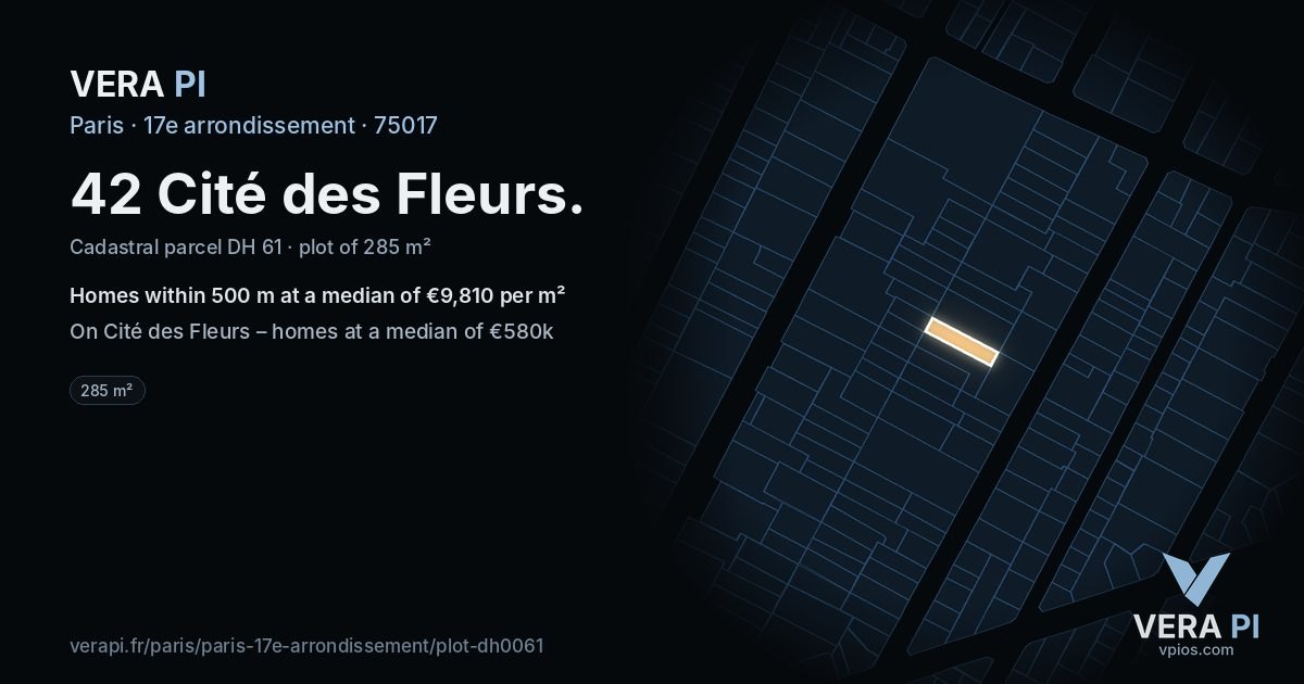 42 Cité des Fleurs, 17e arrondissement at night – the plot lit, the parcels around coloured by the prices near them