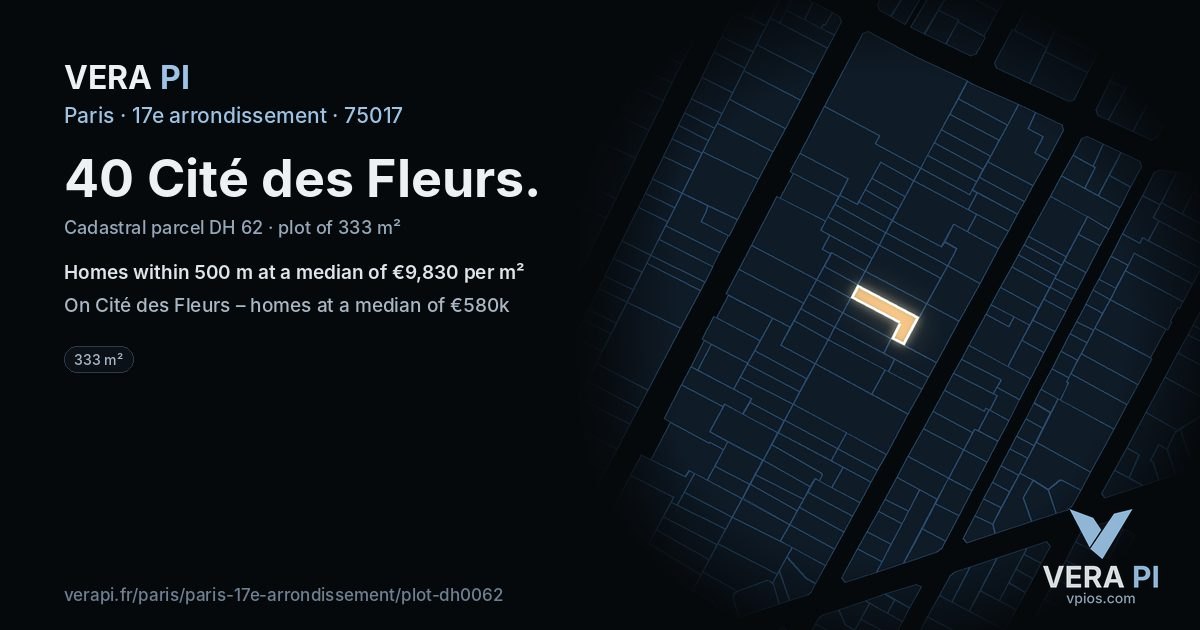 40 Cité des Fleurs, 17e arrondissement at night – the plot lit, the parcels around coloured by the prices near them