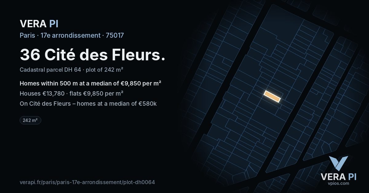 36 Cité des Fleurs, 17e arrondissement at night – the plot lit, the parcels around coloured by the prices near them
