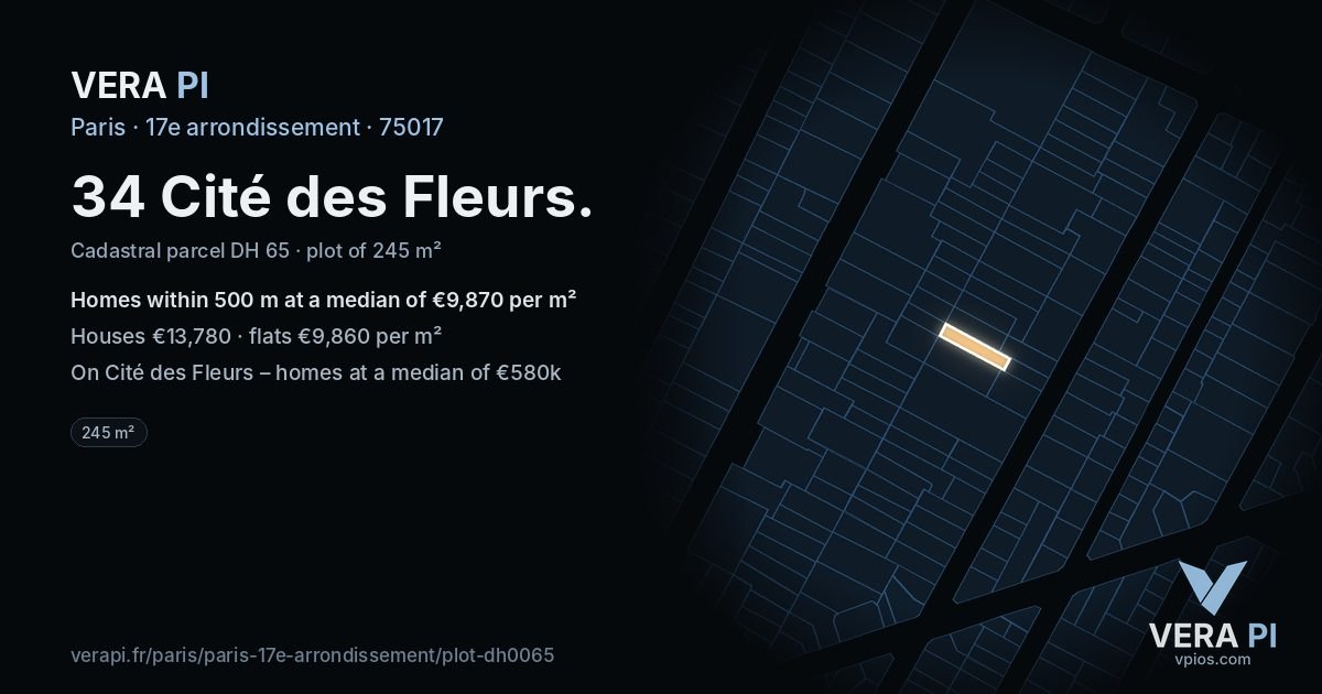 34 Cité des Fleurs, 17e arrondissement at night – the plot lit, the parcels around coloured by the prices near them