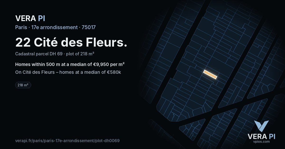 22 Cité des Fleurs, 17e arrondissement at night – the plot lit, the parcels around coloured by the prices near them