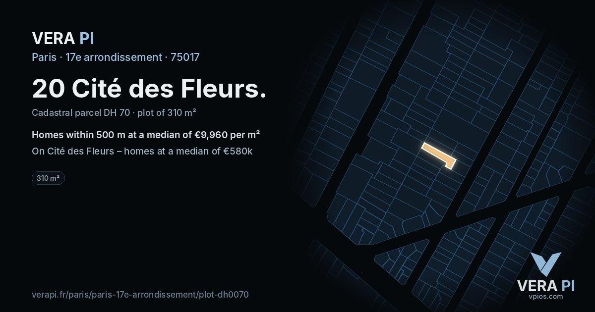 20 Cité des Fleurs, 17e arrondissement at night – the plot lit, the parcels around coloured by the prices near them