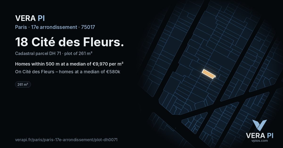 18 Cité des Fleurs, 17e arrondissement at night – the plot lit, the parcels around coloured by the prices near them