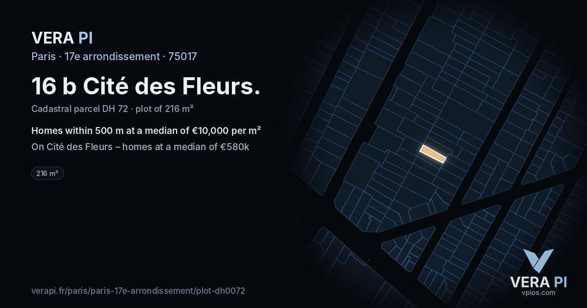 16 b Cité des Fleurs, 17e arrondissement at night – the plot lit, the parcels around coloured by the prices near them