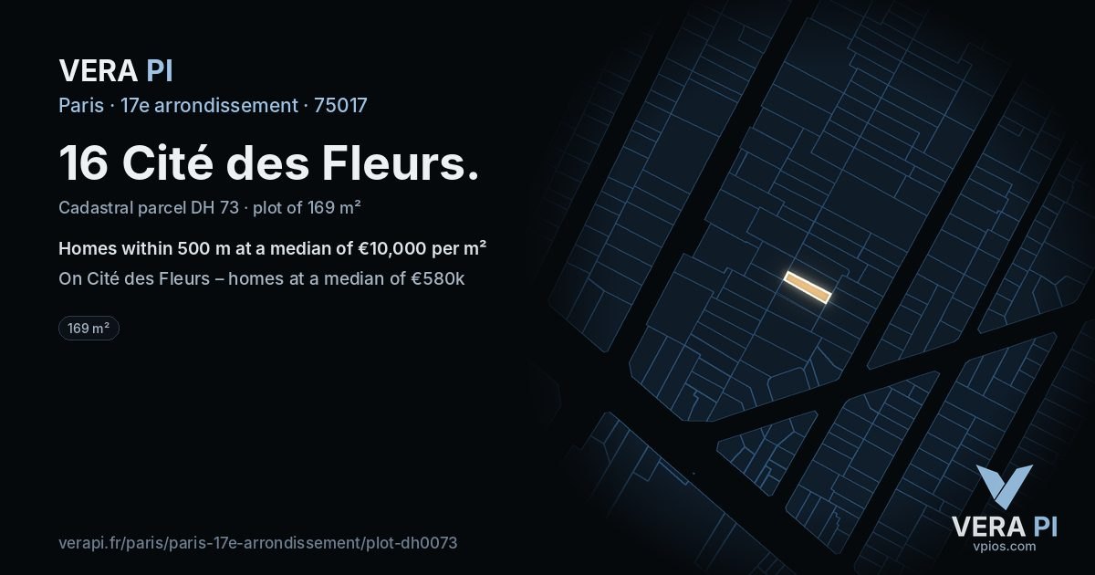 16 Cité des Fleurs, 17e arrondissement at night – the plot lit, the parcels around coloured by the prices near them