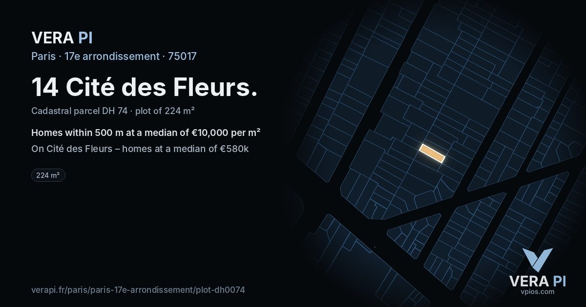 14 Cité des Fleurs, 17e arrondissement at night – the plot lit, the parcels around coloured by the prices near them