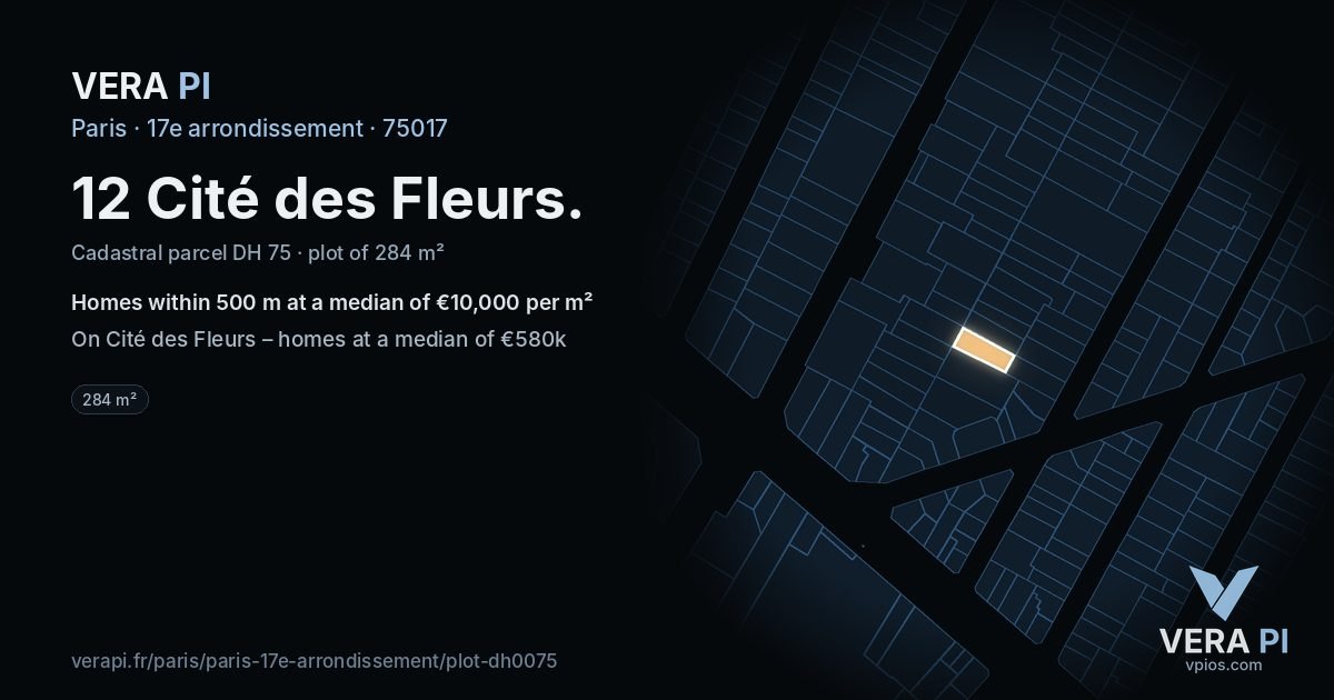12 Cité des Fleurs, 17e arrondissement at night – the plot lit, the parcels around coloured by the prices near them