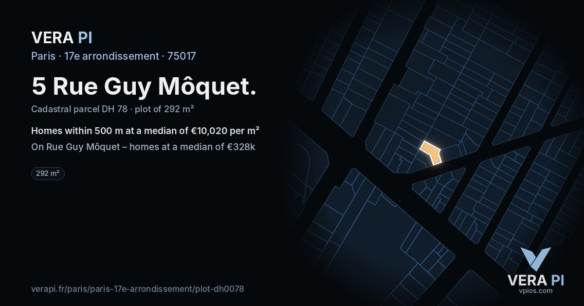 5 Rue Guy Môquet, 17e arrondissement at night – the plot lit, the parcels around coloured by the prices near them