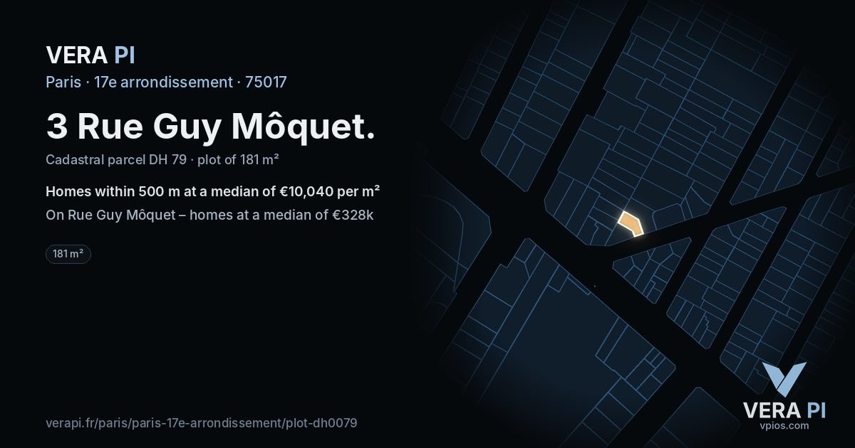 3 Rue Guy Môquet, 17e arrondissement at night – the plot lit, the parcels around coloured by the prices near them