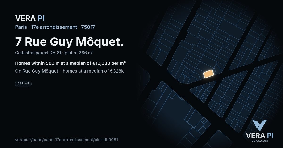 7 Rue Guy Môquet, 17e arrondissement at night – the plot lit, the parcels around coloured by the prices near them