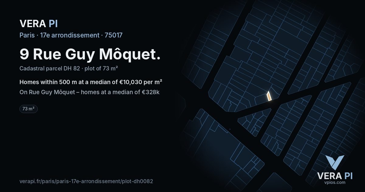 9 Rue Guy Môquet, 17e arrondissement at night – the plot lit, the parcels around coloured by the prices near them