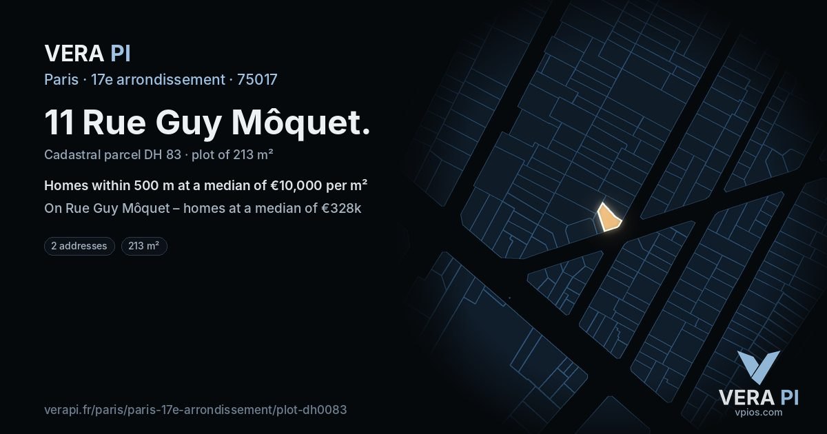 11 Rue Guy Môquet, 17e arrondissement at night – the plot lit, the parcels around coloured by the prices near them