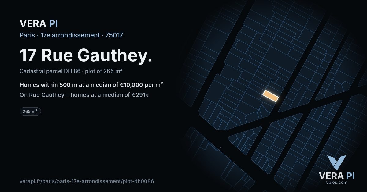 17 Rue Gauthey, 17e arrondissement at night – the plot lit, the parcels around coloured by the prices near them