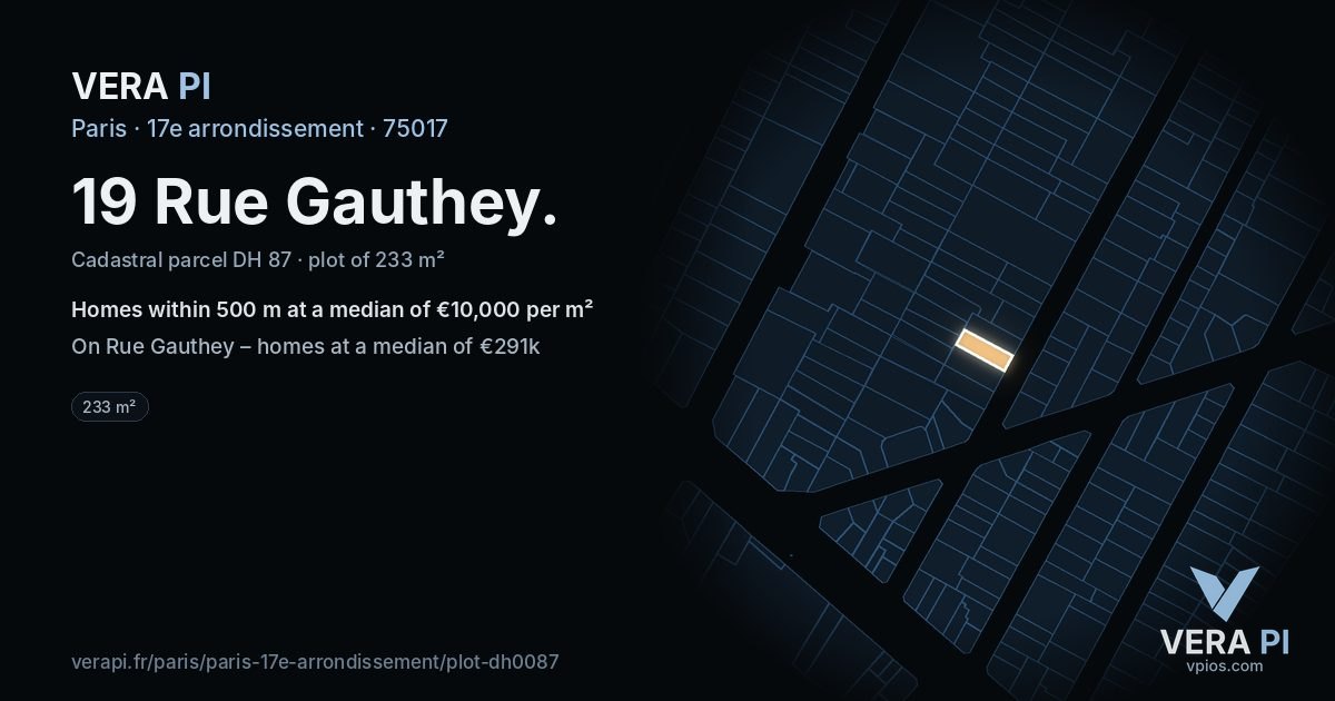 19 Rue Gauthey, 17e arrondissement at night – the plot lit, the parcels around coloured by the prices near them