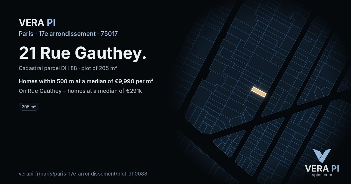 21 Rue Gauthey, 17e arrondissement at night – the plot lit, the parcels around coloured by the prices near them