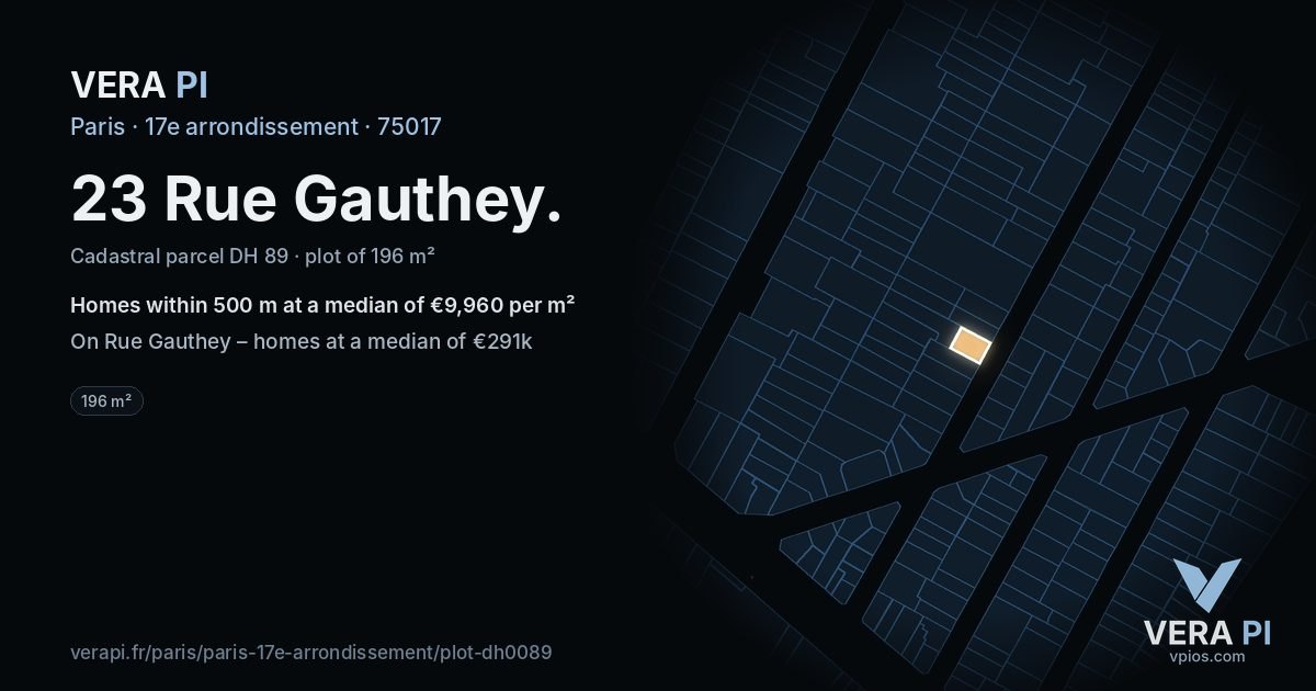 23 Rue Gauthey, 17e arrondissement at night – the plot lit, the parcels around coloured by the prices near them