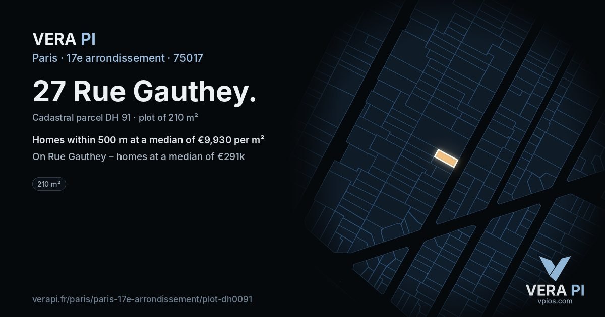 27 Rue Gauthey, 17e arrondissement at night – the plot lit, the parcels around coloured by the prices near them
