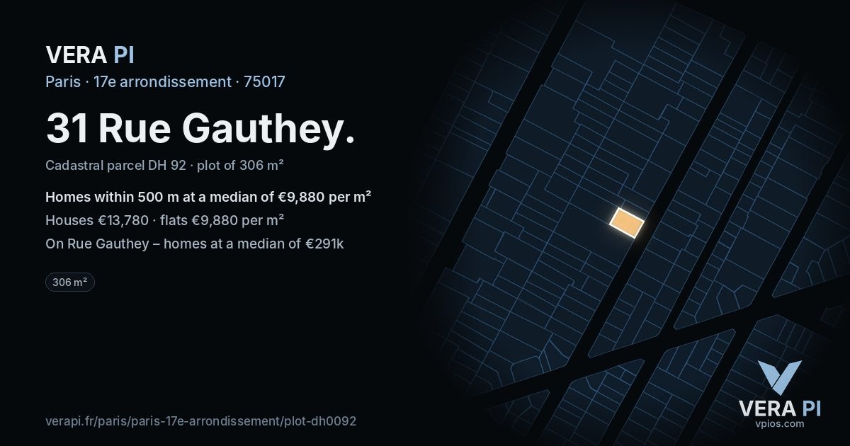 31 Rue Gauthey, 17e arrondissement at night – the plot lit, the parcels around coloured by the prices near them
