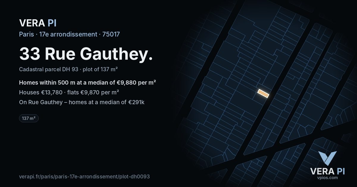 33 Rue Gauthey, 17e arrondissement at night – the plot lit, the parcels around coloured by the prices near them