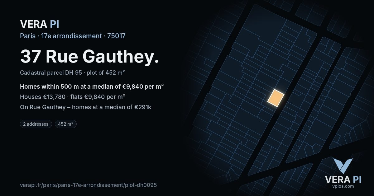 37 Rue Gauthey, 17e arrondissement at night – the plot lit, the parcels around coloured by the prices near them