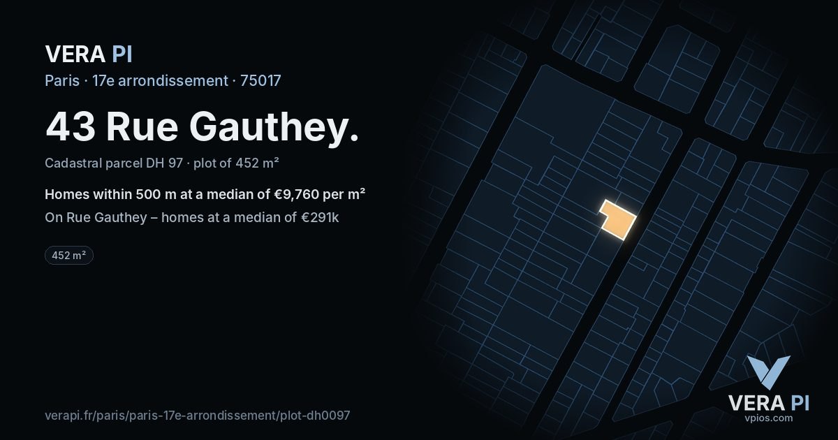 43 Rue Gauthey, 17e arrondissement at night – the plot lit, the parcels around coloured by the prices near them