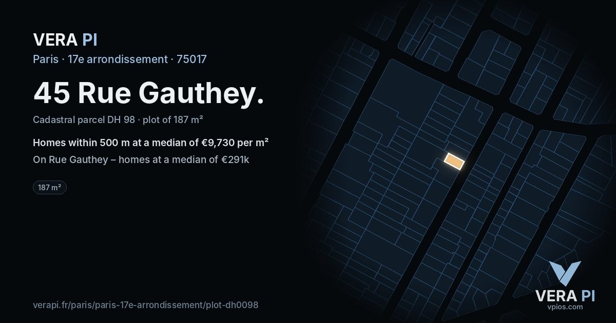 45 Rue Gauthey, 17e arrondissement at night – the plot lit, the parcels around coloured by the prices near them