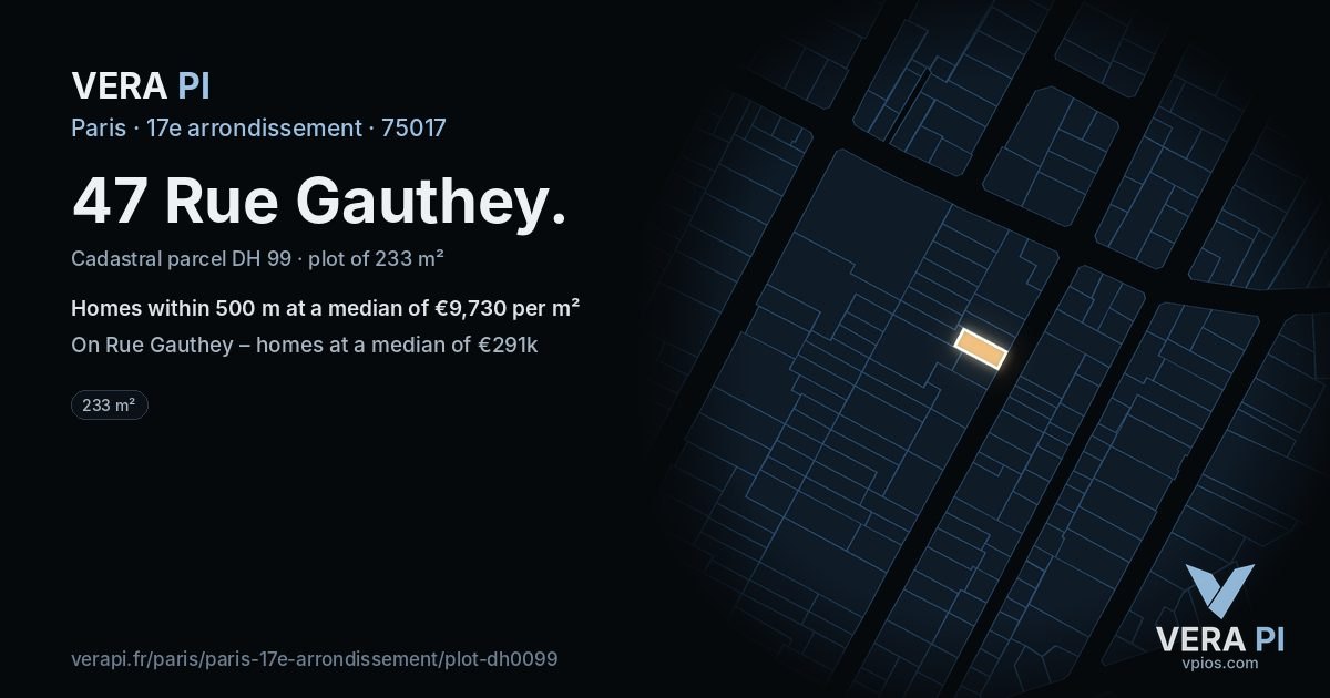 47 Rue Gauthey, 17e arrondissement at night – the plot lit, the parcels around coloured by the prices near them