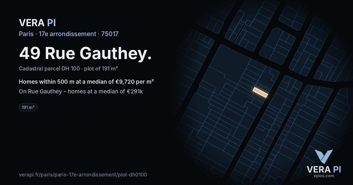 49 Rue Gauthey, 17e arrondissement at night – the plot lit, the parcels around coloured by the prices near them