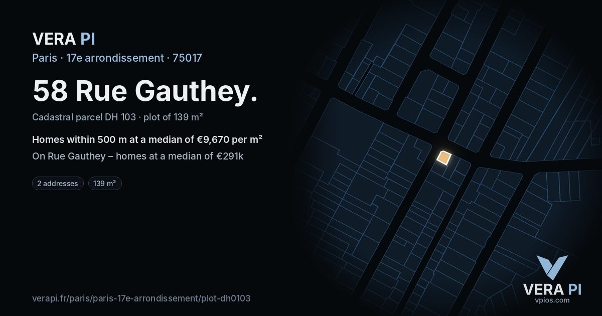 58 Rue Gauthey, 17e arrondissement at night – the plot lit, the parcels around coloured by the prices near them