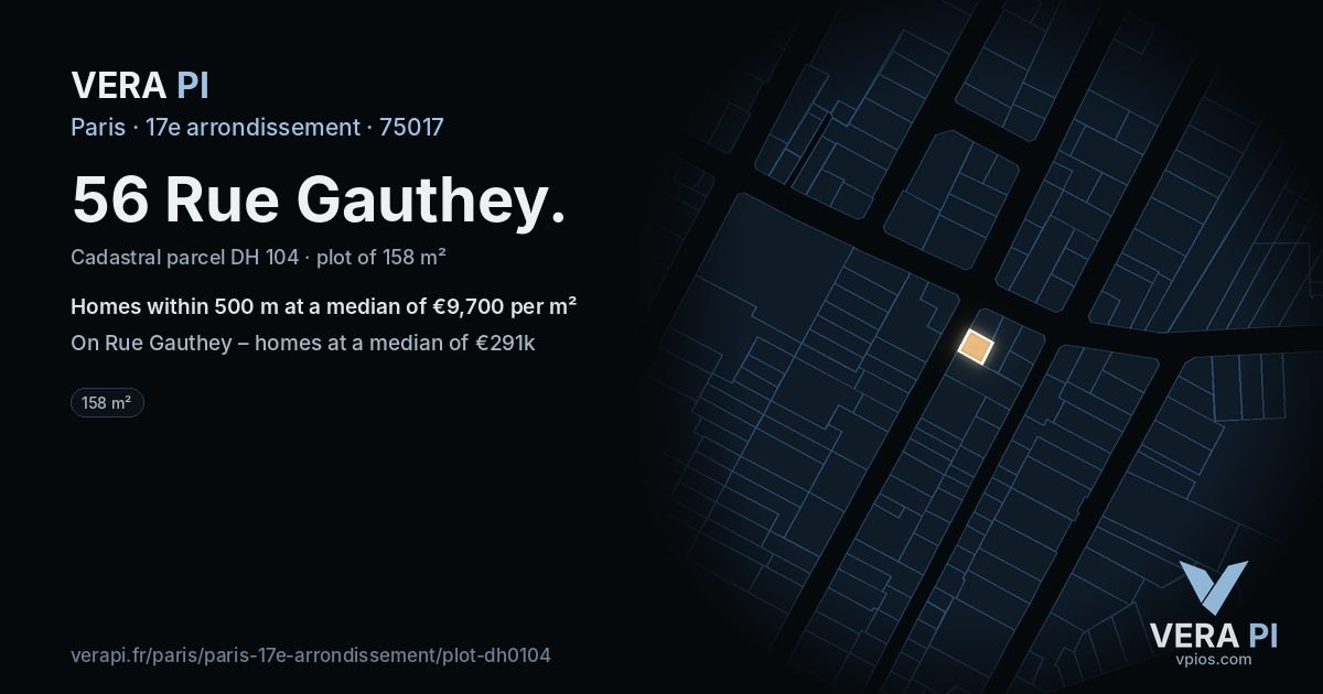 56 Rue Gauthey, 17e arrondissement at night – the plot lit, the parcels around coloured by the prices near them