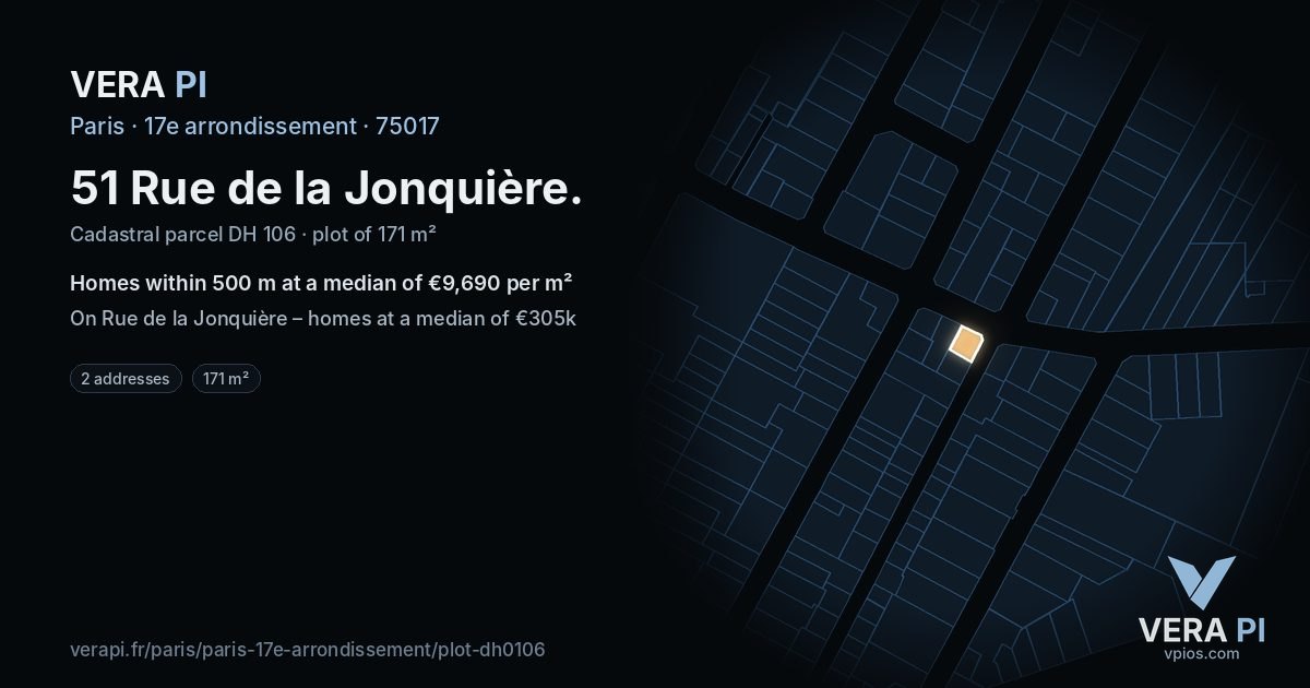 51 Rue de la Jonquière, 17e arrondissement at night – the plot lit, the parcels around coloured by the prices near them