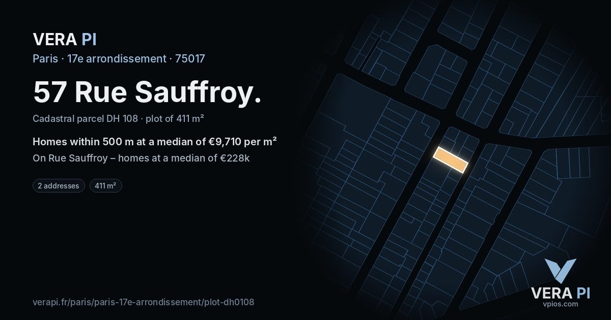 57 Rue Sauffroy, 17e arrondissement at night – the plot lit, the parcels around coloured by the prices near them