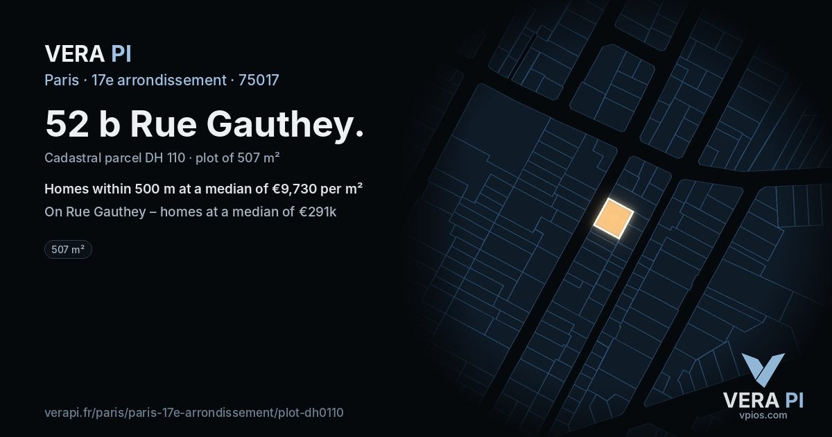 52 b Rue Gauthey, 17e arrondissement at night – the plot lit, the parcels around coloured by the prices near them