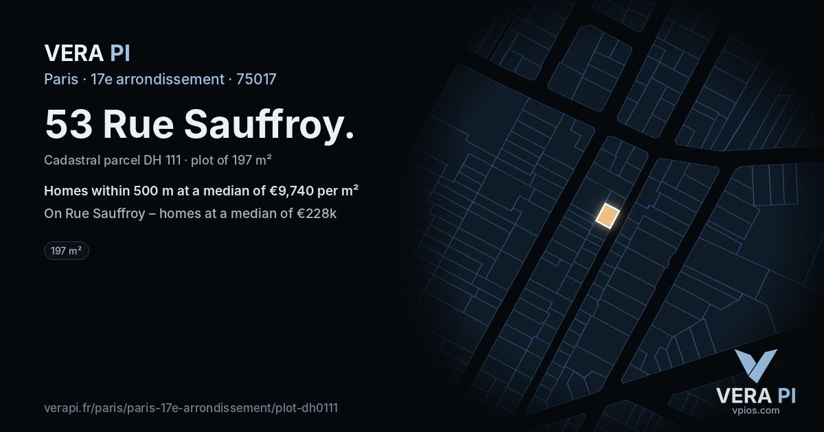 53 Rue Sauffroy, 17e arrondissement at night – the plot lit, the parcels around coloured by the prices near them