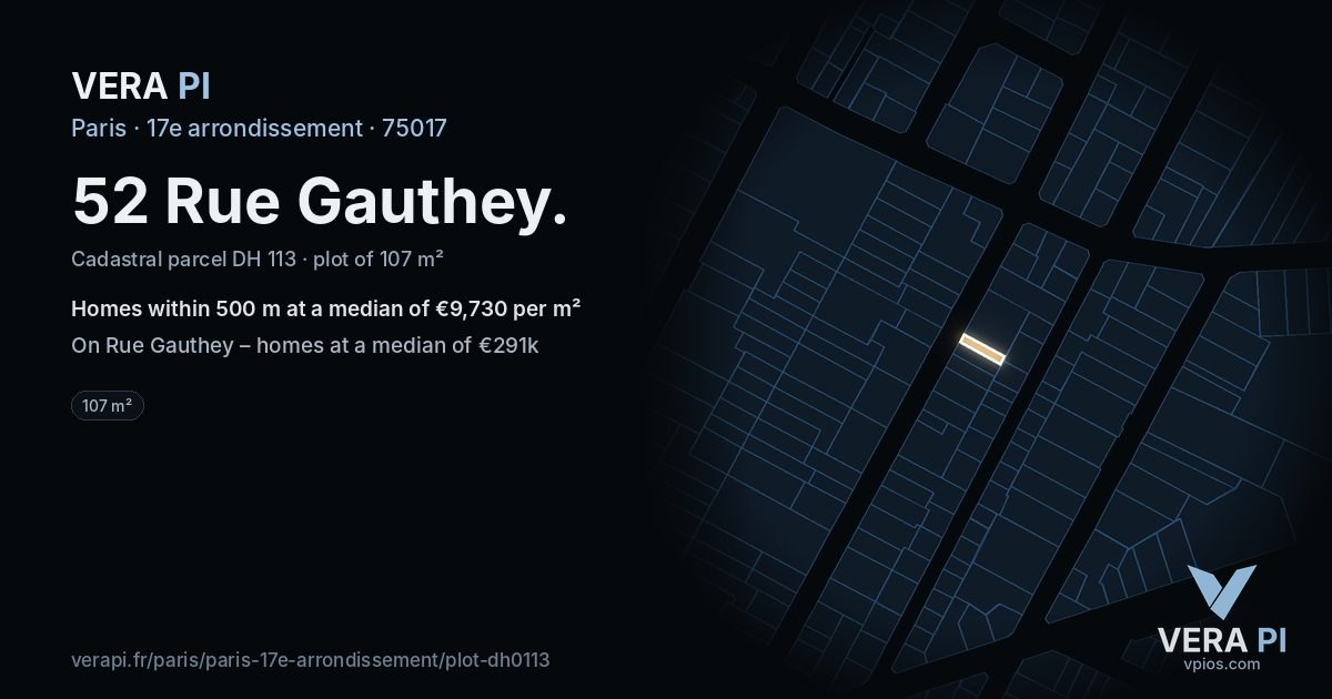 52 Rue Gauthey, 17e arrondissement at night – the plot lit, the parcels around coloured by the prices near them