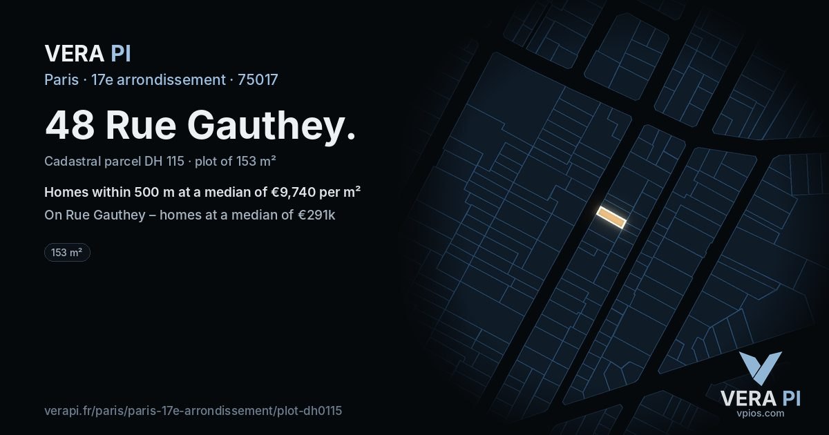 48 Rue Gauthey, 17e arrondissement at night – the plot lit, the parcels around coloured by the prices near them