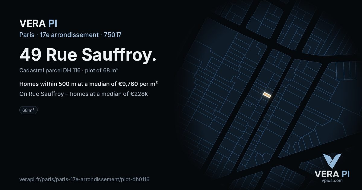 49 Rue Sauffroy, 17e arrondissement at night – the plot lit, the parcels around coloured by the prices near them